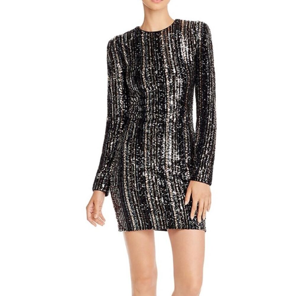 Aqua Women's Black/Navy Long Sleeve Luxe Capsule Striped Sequined Dress sz M